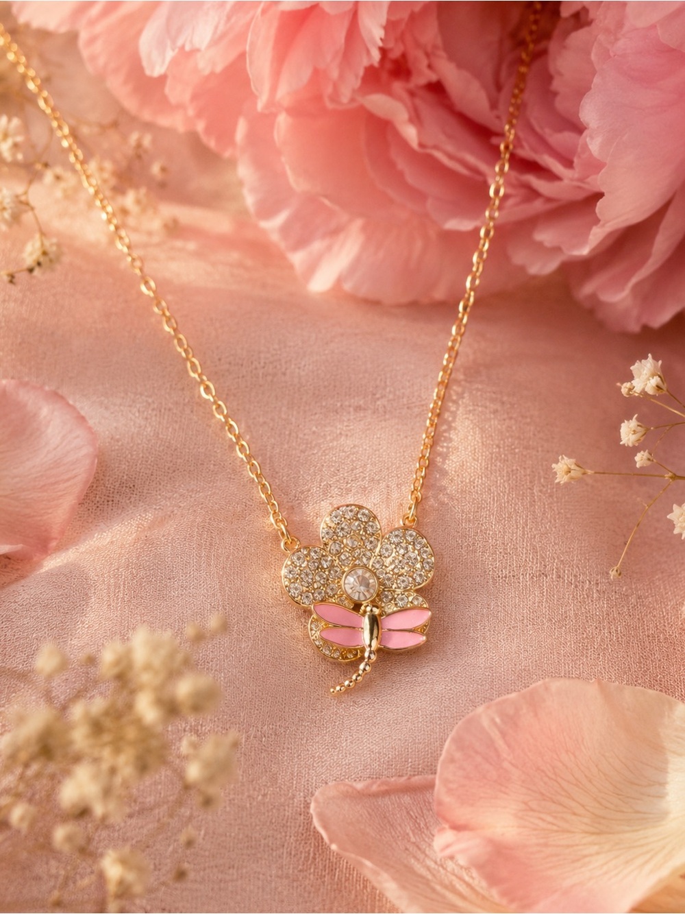 Lily Nily CZ Flower Dragonfly Necklace LN508N 18K Gold Plated Pink Enamel NIB